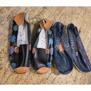 Lot of 2 Venus Celia Shoes Driving Loafers Leather Size US 9 EU 41 Flower Blue